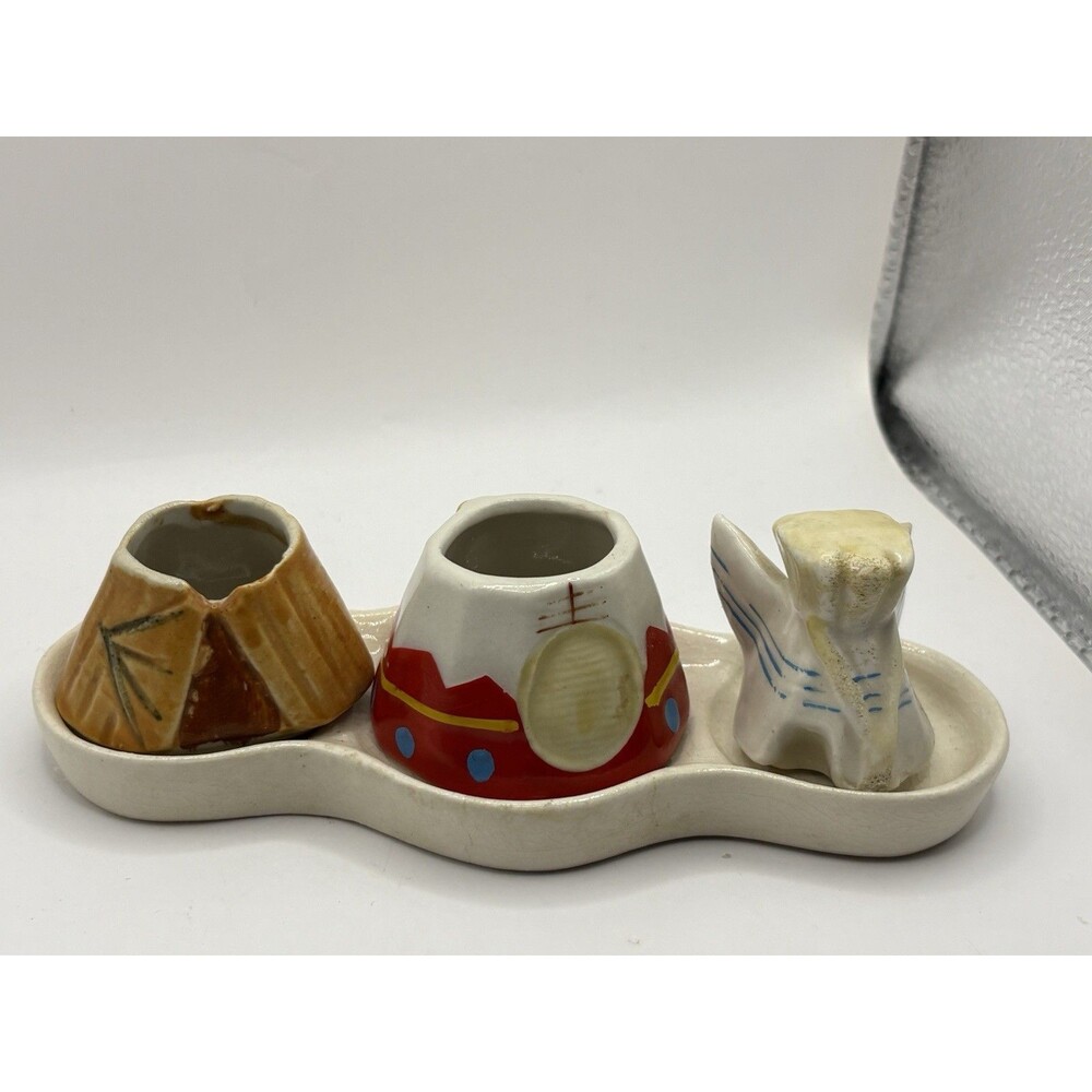 Vintage Japan Southwestern Ceramic Condiment Set Tray Teepee Drum As Found